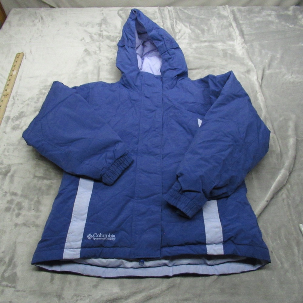 Columbia Down Jacket Kids 14/16 Blue Hooded Insulated Waterproof Full Zip Winter
